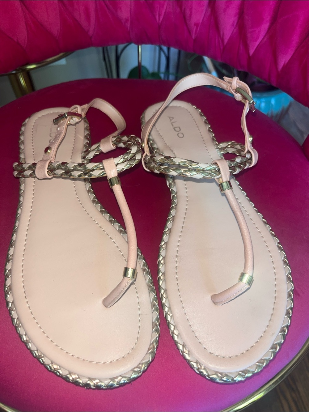 ALDO Blush Pink Braided T-Strap Sandals with Gold Accents